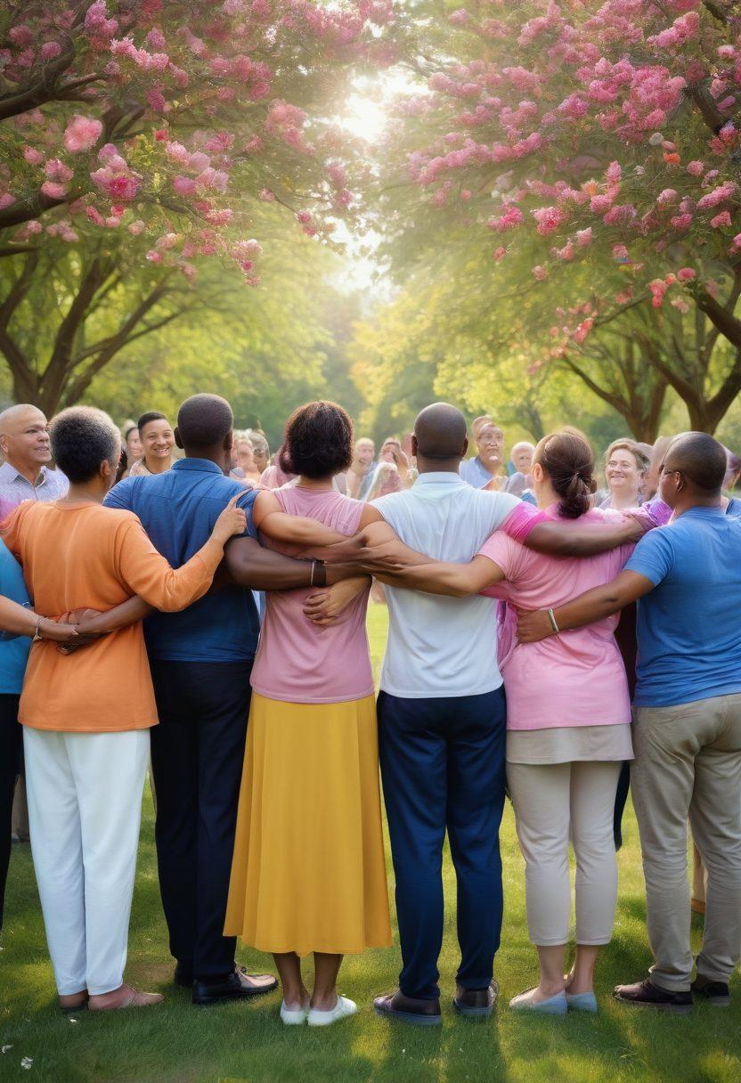A diverse group of individuals, both men and women, standing together, forming a circle of support with hands on each other's shoulders, in a serene park setting. Colorful ribbons symbolizing various cancers flutter in the breeze, while a backdrop of blooming flowers and trees represents hope and growth. In the foreground, a heartfelt interaction between a cancer survivor and a supporter, showcasing warmth and connection. super-realistic. vibrant colors. soft focus.
