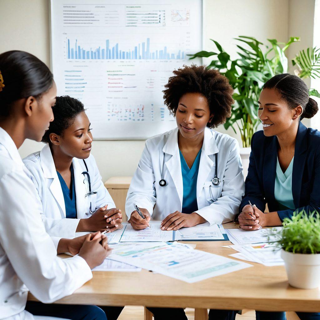 A serene and inspiring scene of a diverse group of healthcare professionals discussing treatment options with a patient in a cozy, well-lit consultation room. Include charts and treatment plans on the table, with soft plants in the background symbolizing hope. Emphasize warmth and compassion in their expressions. super-realistic. soft colors. white background.